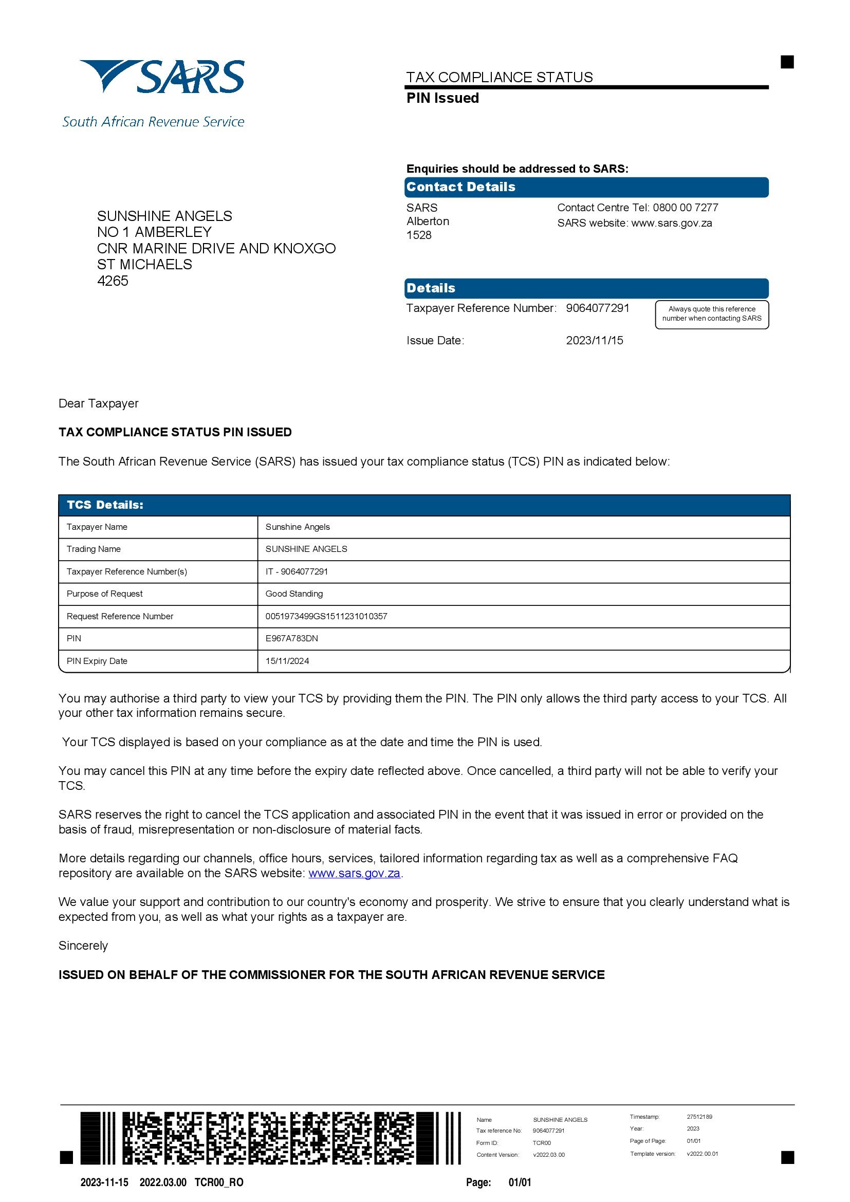 Sunshine Angels Tax Compliance Status